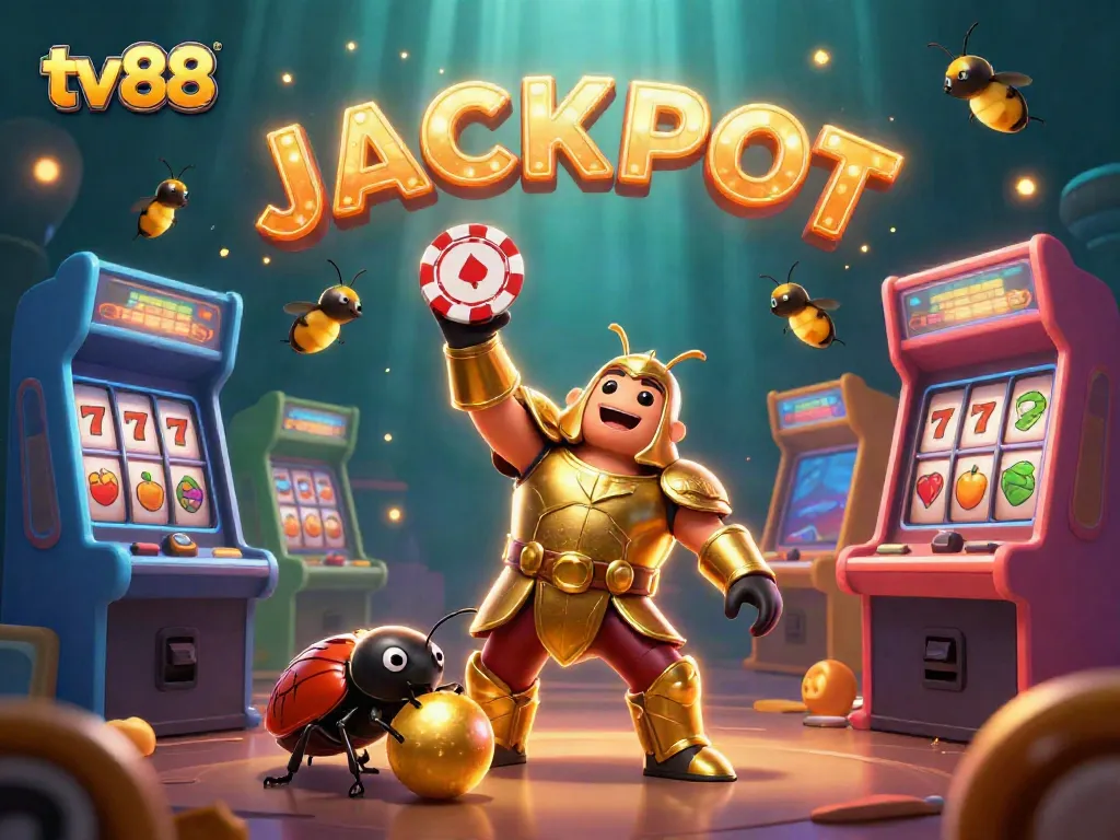 Spin the slots at tv88 with a victorious beetle celebrating a jackpot in a vibrant casino setting.