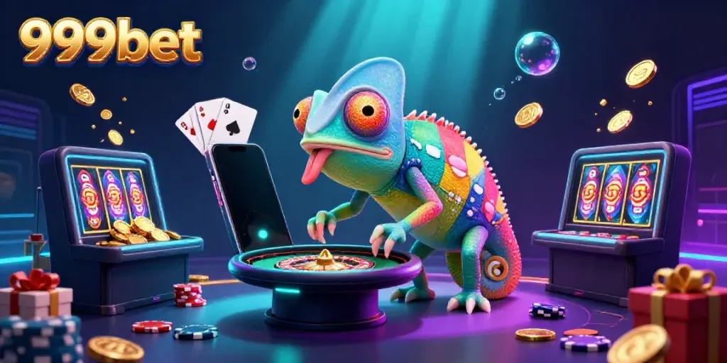 Engage in thrilling gaming experiences at 999bet with colorful slots, poker chips, and exciting casino elements.