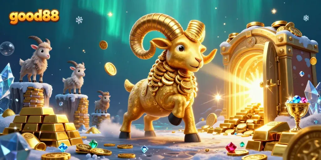 Experience thrilling wins at good88 with a dynamic scene of a charging golden ram amidst golden treasures.