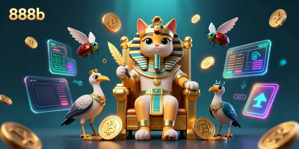 Engage in thrilling games at 888b with vibrant illustration of Egyptian pharaoh cat and crypto elements.