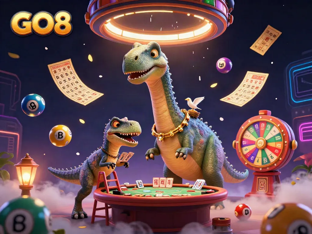 Experience thrilling action at GO8 with a giant brontosaurus in a vibrant casino, as a raptor deals cards.