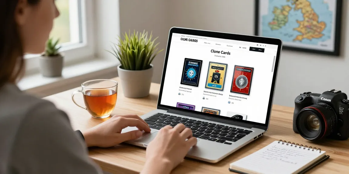 User shopping for clone cards on Clone Cards Shop UK from a cozy home office.