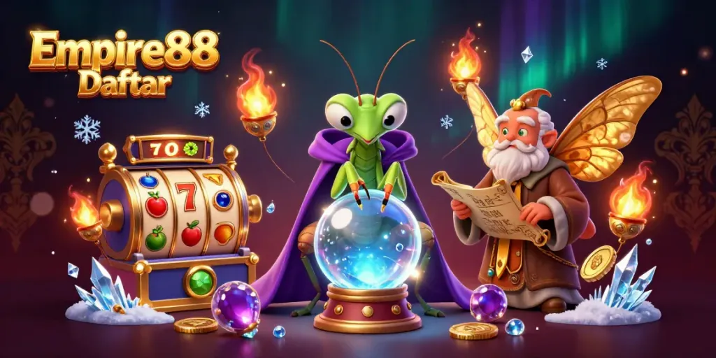 Engage in Empire88 Daftar with a creative scene featuring fortune tellers and slot machines.