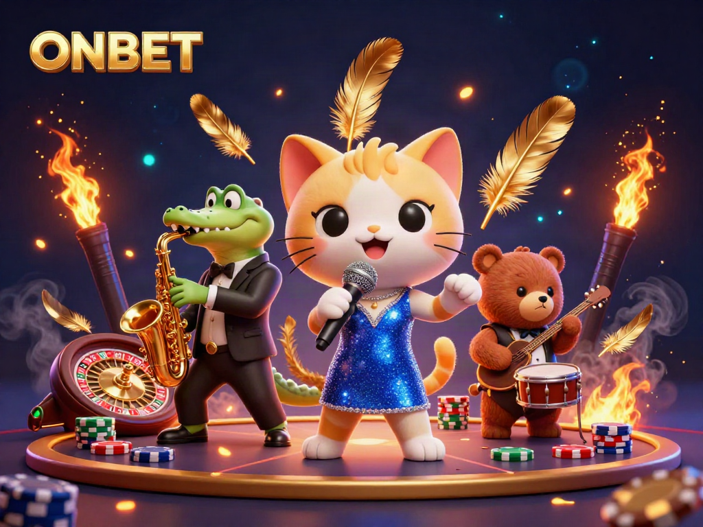 Join the excitement with ONBET's vibrant casino scene featuring a jazz-singer cat and friends.