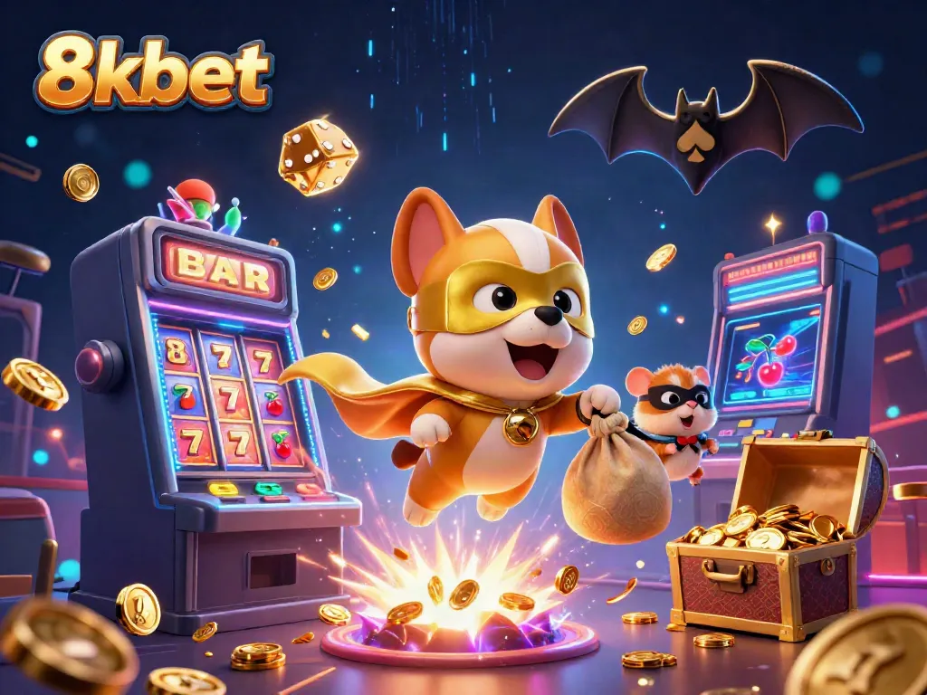 Experience thrilling moments with 8xbet in this vibrant 3D illustration showcasing gold coins, slot machines, and more.