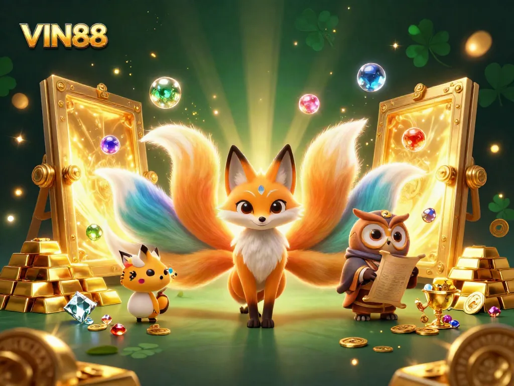 Experience the excitement of VIN88 with a vibrant 3D illustration showcasing thrilling games and enchanting characters.