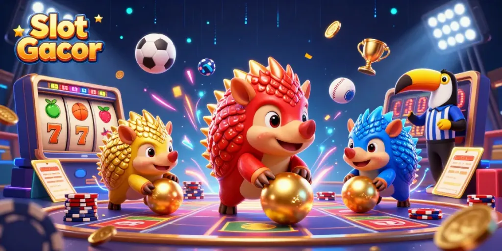 Slot Gacor menghadirkan pangolin yang bersaing dalam permainan slot, dikelilingi oleh elemen kaya kasino.
