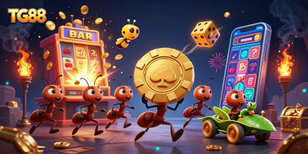 Join the excitement at TG88 as ants heist a giant poker chip amidst a dynamic casino scene.