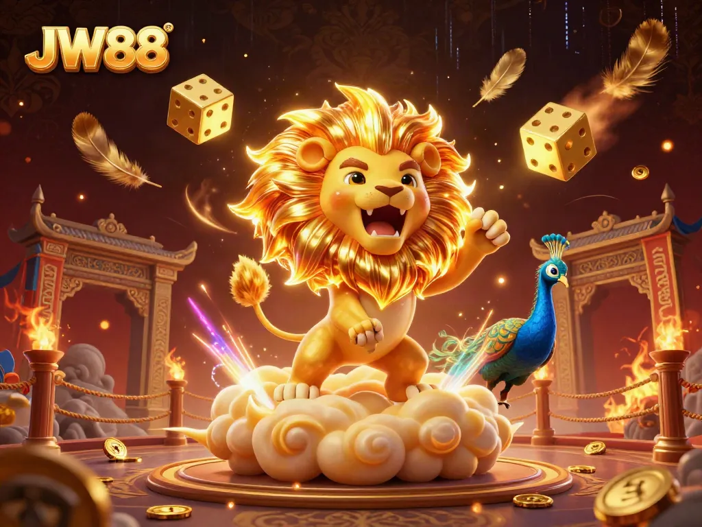 Experience excitement at JW88 with a roaring lion and rolling dice in a vibrant casino scene.