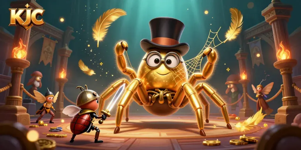 KJC highlights thrilling casino action with a giant golden tarantula at the center of an exciting gambling scene.
