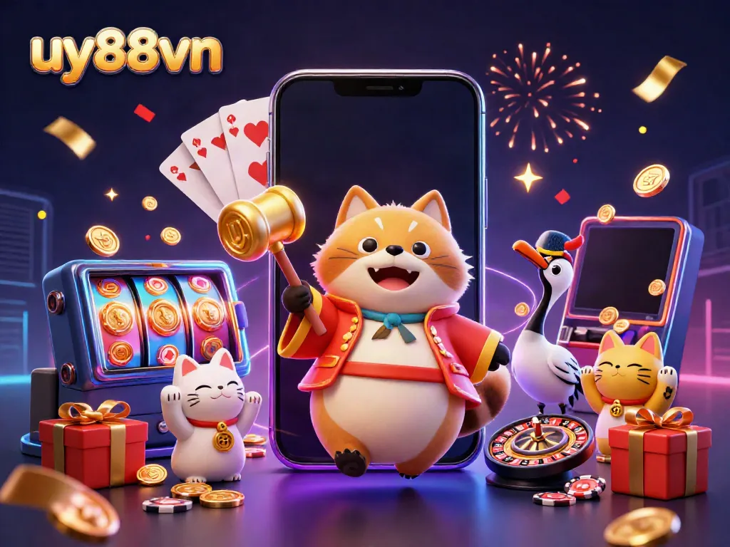 Engage with uy88vn's vibrant casino scene featuring a cheerful tanuki, crane, and waving fortune cats.