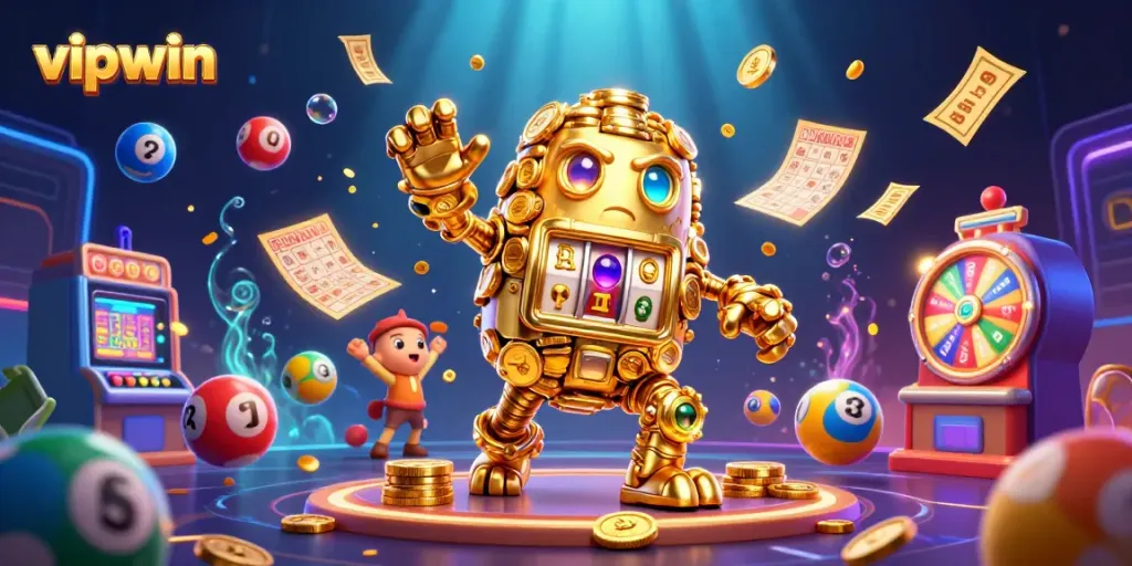 Experience vipwin's dynamic gaming scene with a golden golem and vibrant lottery elements.