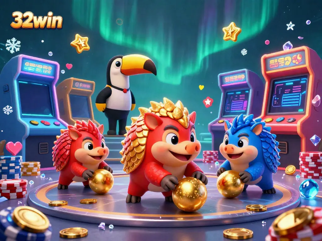 32win pangolins rolling into golden balls in a colorful casino arcade game scene, showcasing gambling excitement.