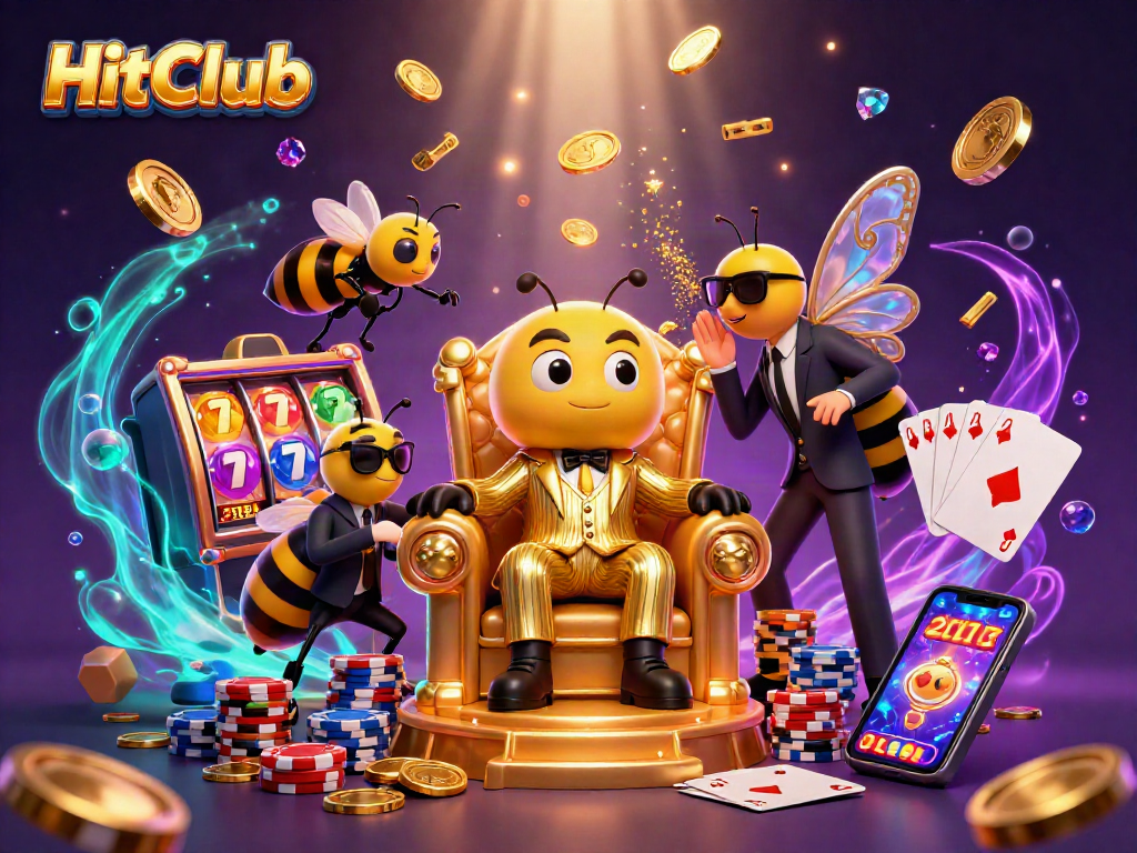 HitClub mobilizes excitement with a bumblebee mob boss overseeing thrilling slot action in a vibrant casino.