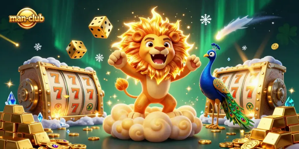 Engage in winning strategies with man-club's vibrant 3D casino scene featuring a roaring lion and golden treasures.