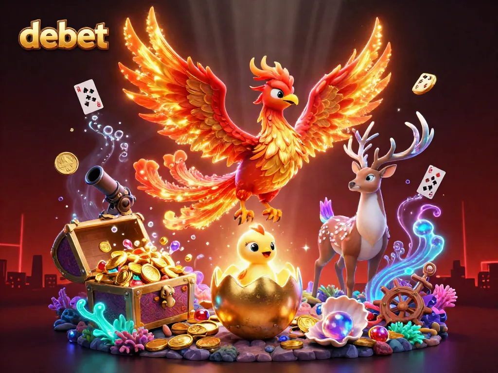 Experience debet's vibrant casino excitement with mythical creatures and treasure in a dynamic 3D illustration.