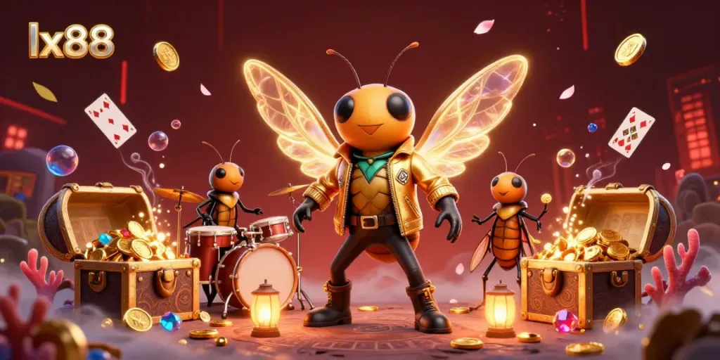 Experience the excitement of lx88 with a lively casino scene featuring a cicada rock star and gem-filled treasure chests.