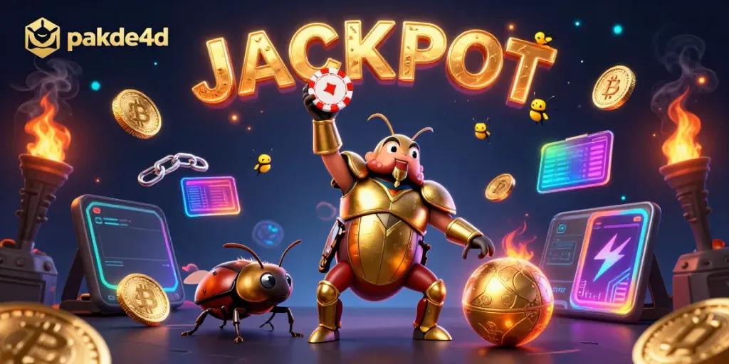 Experience thrilling wins on pakde4d as the hercules beetle celebrates with poker chips and crypto.