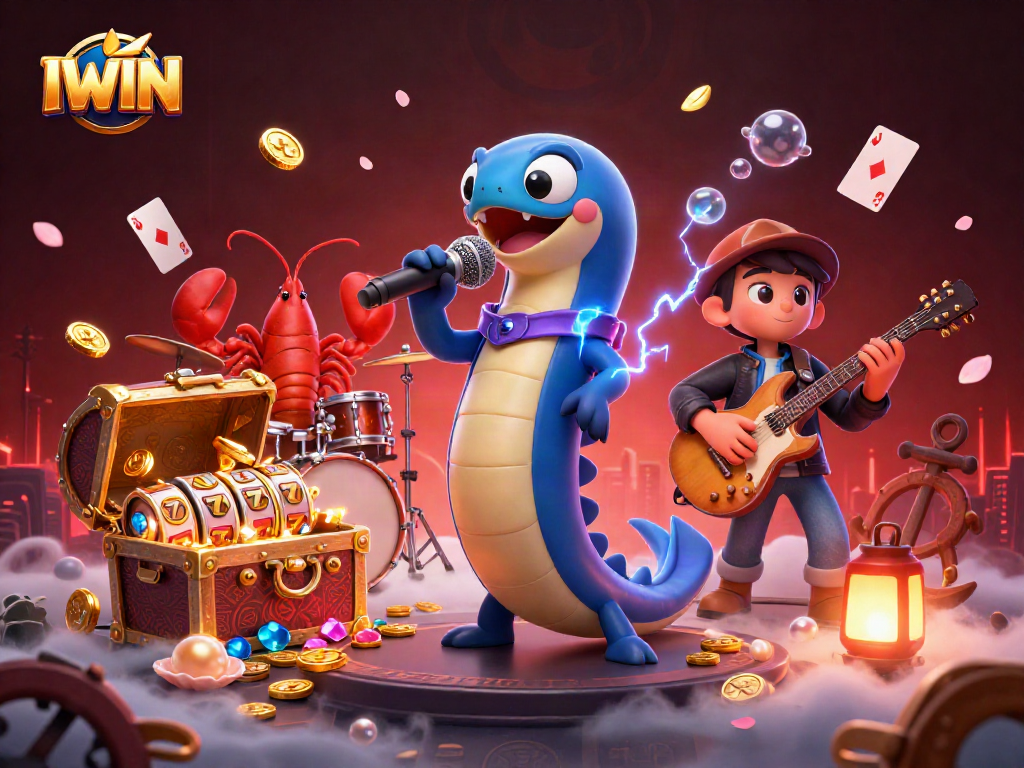 IWIN casino scene with a DJ eel, lobster drummer, and seahorse guitarist performing in an underwater venue, packed with rich gaming elements.
