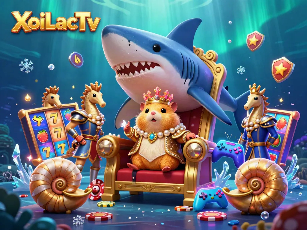 XoiLacTv showcases an underwater casino scene featuring a golden hamster king amidst enchanted slot machines.