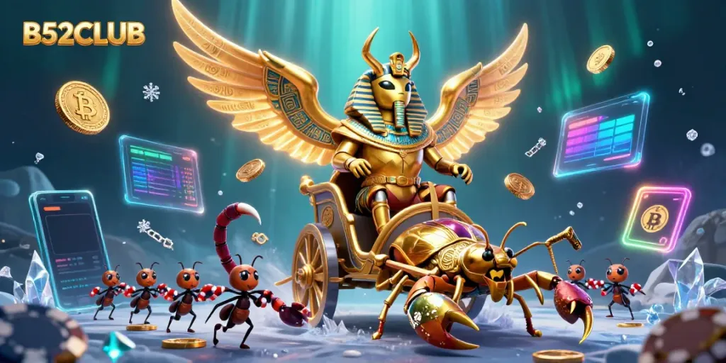 Experience the excitement of B52CLUB with a striking scene filled with vibrant casino elements and 3D characters.