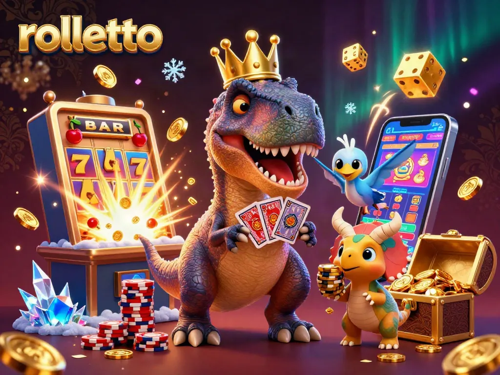 Join the rolletto fun with a T-Rex card dealer and a baby triceratops at this lively casino scene.