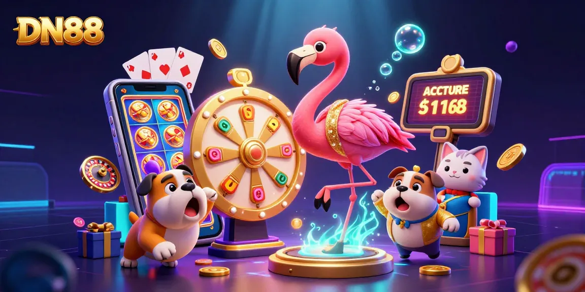Experience the excitement of DN88 with this vibrant illustration, showcasing a flamingo game show host and playful casino elements.