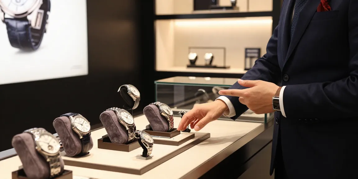 Explore a luxurious selection of replica watches showcased in a modern retail scene, highlighting quality and craftsmanship.