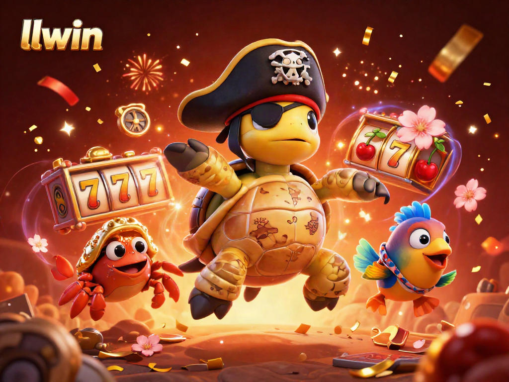 llwin showcases a lively slot scene featuring a pirate turtle surrounded by vibrant game elements and dynamic energy