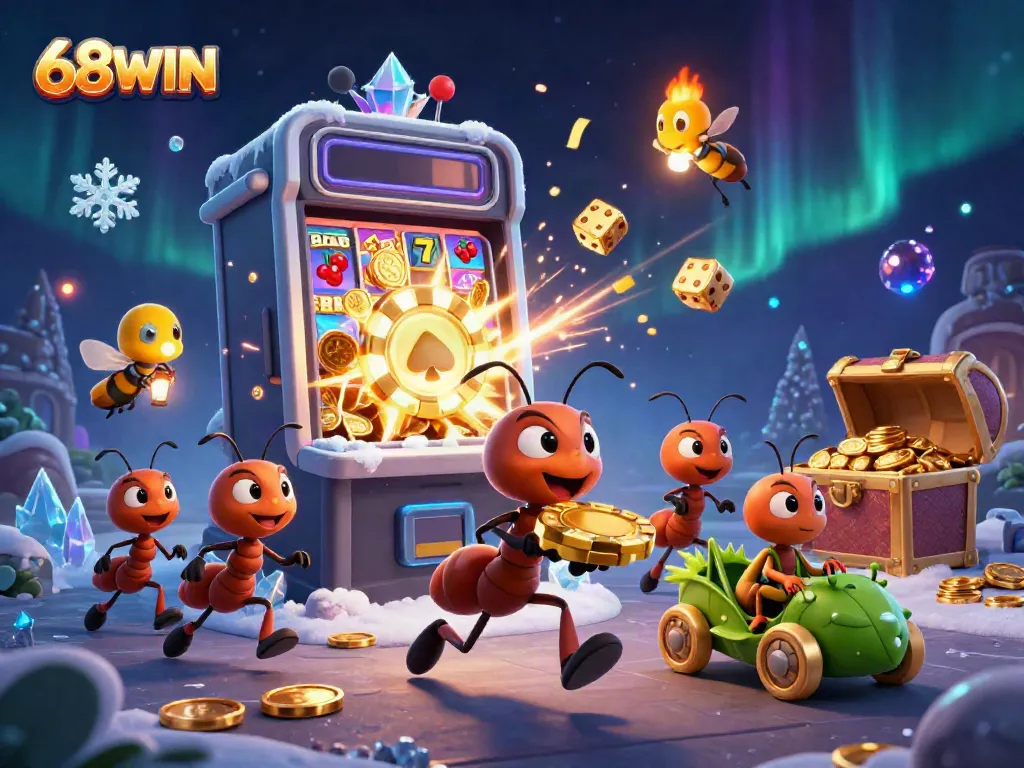 Join the 68WIN heist with cartoon ants carrying a giant poker chip surrounded by exciting casino elements.