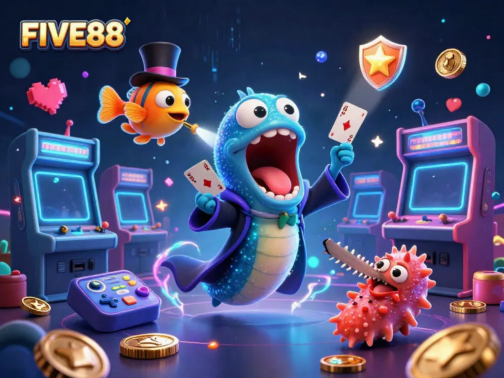 Experience thrilling card tricks with FIVE88 in vibrant 3D casino-themed scene.