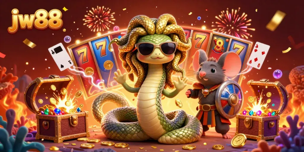 Engage with jw88’s vibrant online casino animation featuring Medusa and a warrior mouse among slot games.