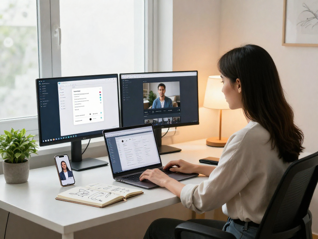 Remote desktop software ToDesk in action at a modern home office, showcasing productivity tools.