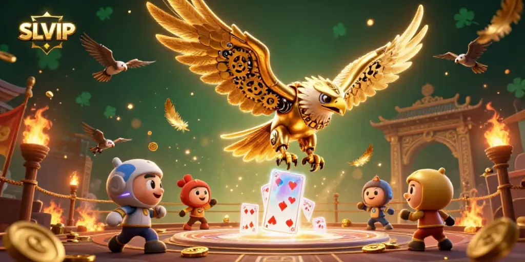 Engage with SLVIP's immersive casino experience featuring a dynamic cybernetic eagle soaring through holographic cards.