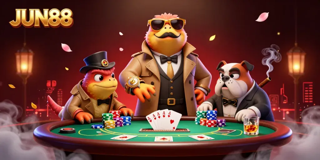 Engage with the vibrant JUN88 VIP casino scene featuring playful raptors and high-stakes poker elements.