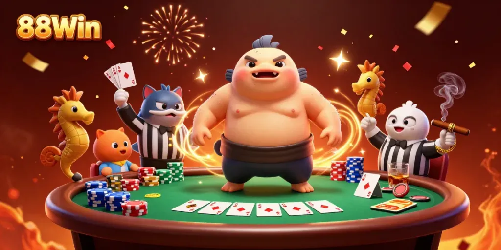 Experience the excitement at 88Win casino with this vibrant underwater poker showdown illustration.