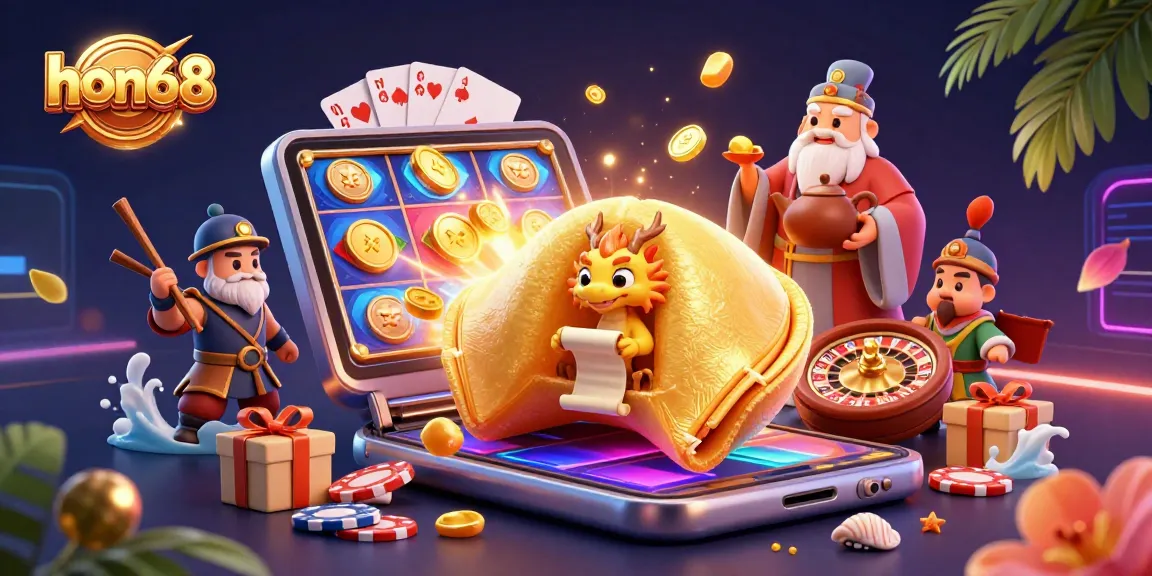 Engage in thrilling casino action at hon68, exploring fortune with a giant golden cookie and wise dragon.
