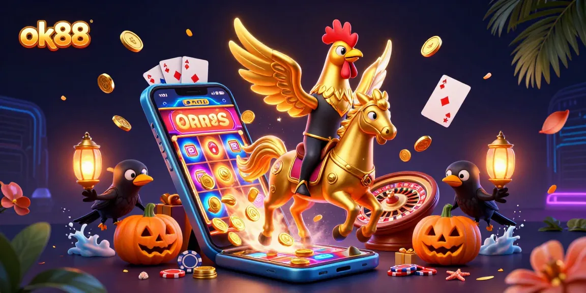 Experience the thrill of ok88 casino with a golden rooster and friends amidst vibrant gaming elements.