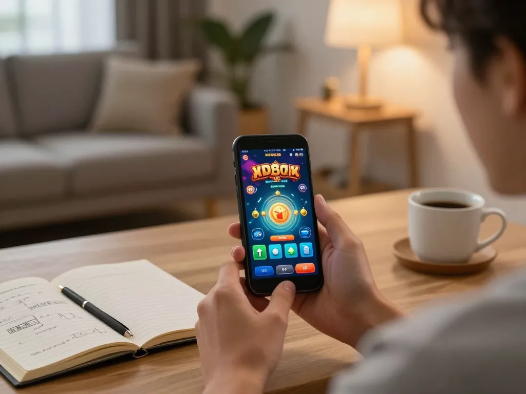 Player strategizing on lc88 mobile casino game, vibrant phone interface and cozy atmosphere