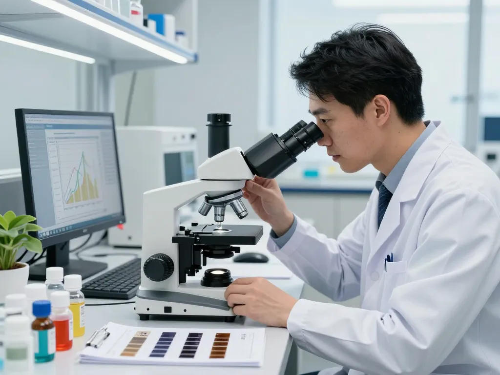 Medical researcher examining MB66 film samples in a bright lab.