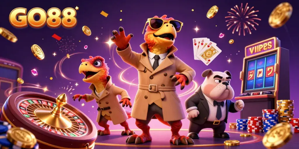 Engage in the fun-filled atmosphere of GO88 with raptors in a trench coat attempting VIP entry in a buzzing casino scene.