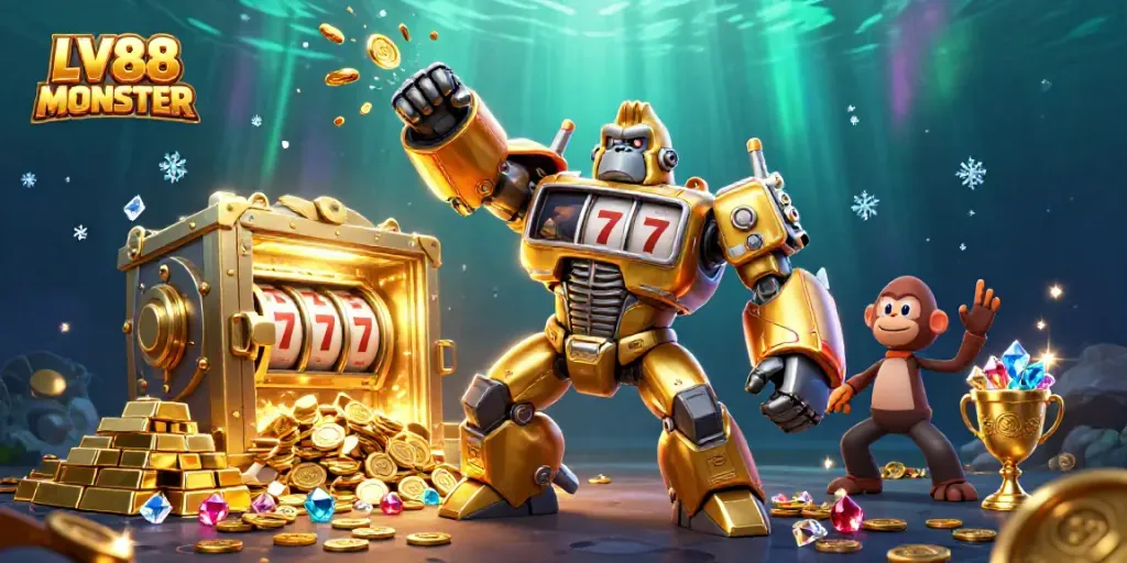 Experience excitement at LV88 MONSTER with a dynamic golden gorilla mech and a treasure vault exploding with winnings.
