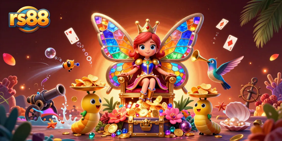 Experience the vibrant world of rs88 with a dynamic 3D illustration showcasing casino-themed characters and elements.