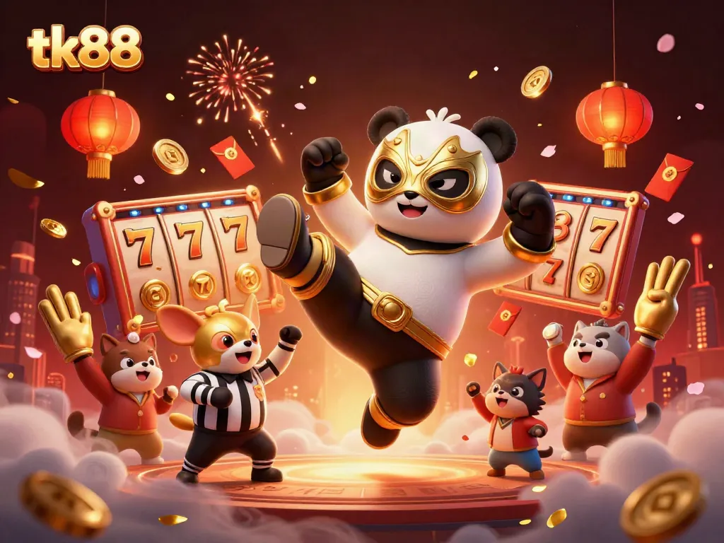 Engaging tk88 casino illustration featuring a panda wrestler and animal spectators amidst dynamic gambling elements.