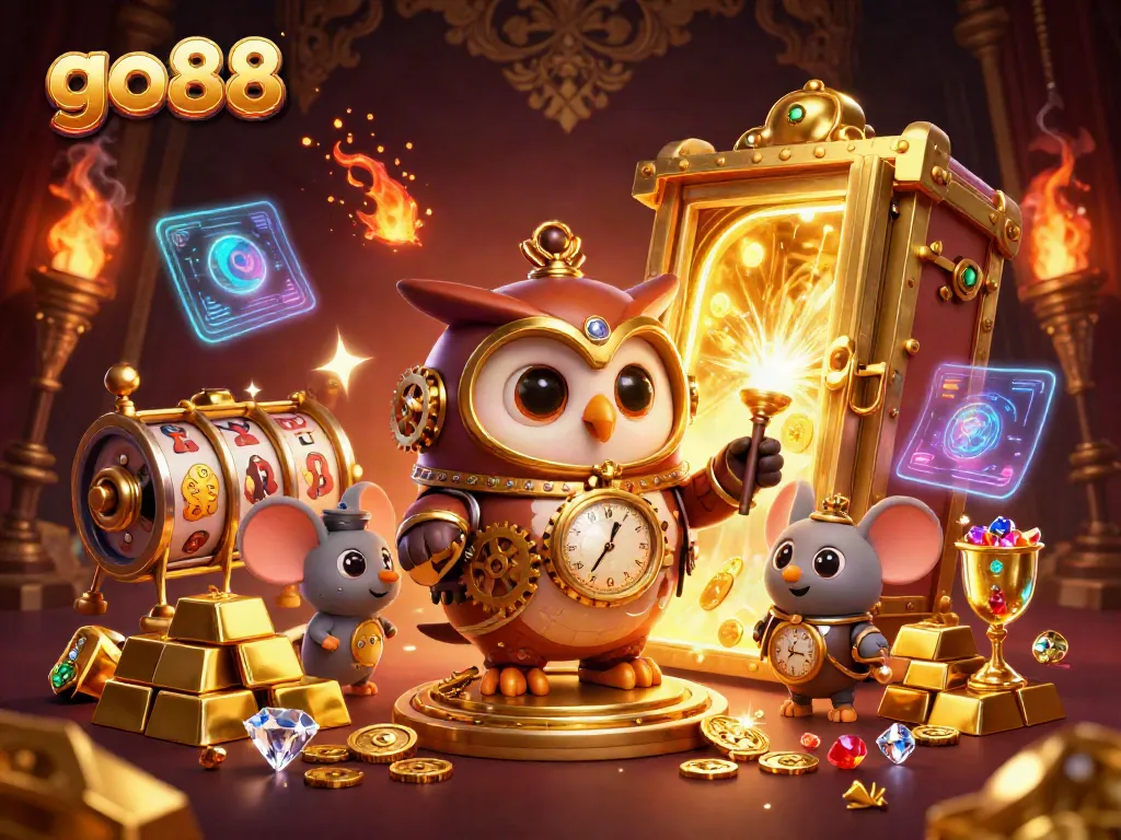 Experience the thrill of go88 with a dynamic scene featuring a time-traveler owl in a vibrant casino atmosphere.