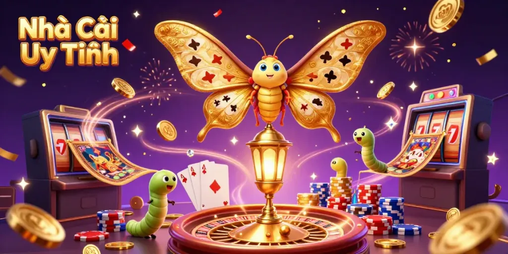 Engaging artwork showcasing Nhà Cái Uy Tín with a magical casino scene filled with vibrant elements and energy