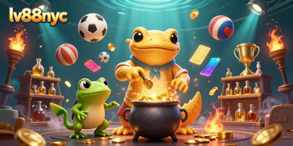 Experience thrilling gaming action with lv88nyc's dynamic casino scene packed with golden coins and sports elements.