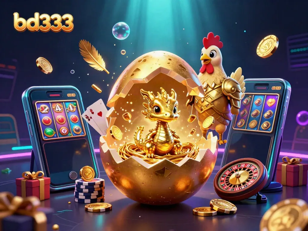 Experience the excitement of bd333 as a golden baby dragon emerges from a treasure-filled nest amidst vibrant casino elements.