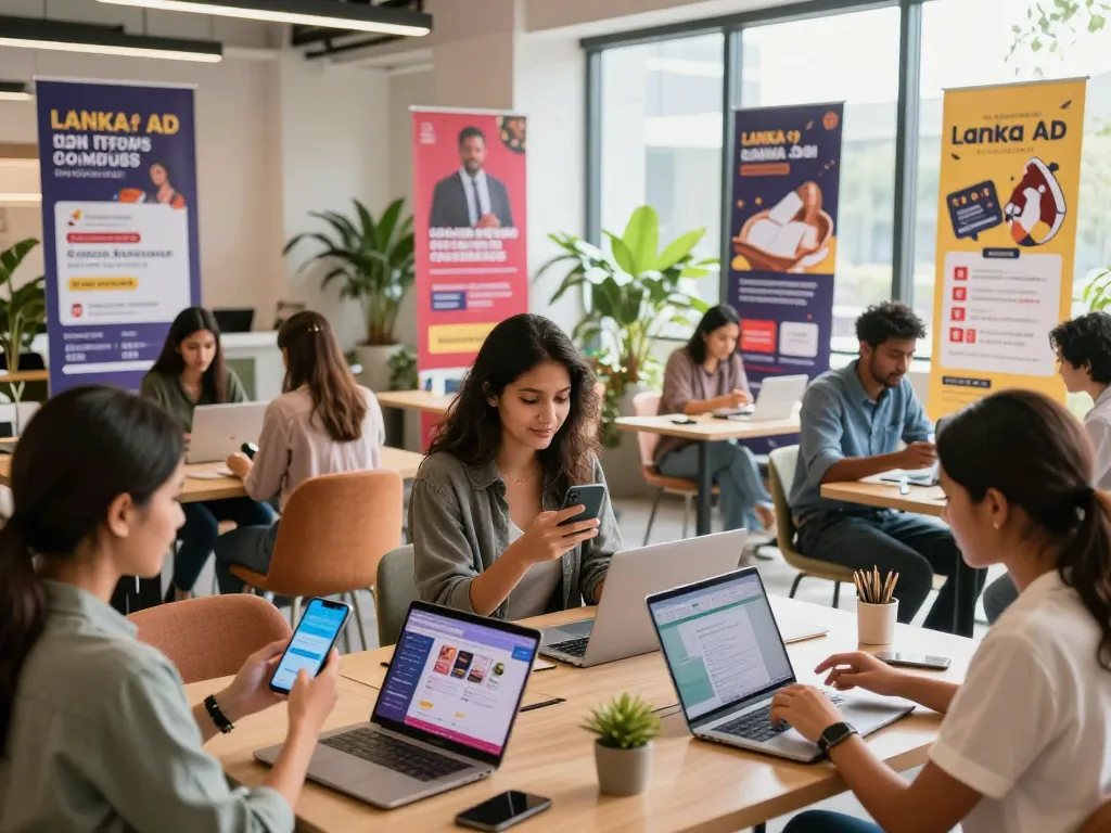 Lanka Ad digital marketplace scene showing diverse people engaging with advertisements in a modern co-working space.