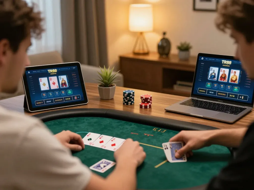 Engaging in a thrilling online poker game on TR88's platform, showcasing strategic gameplay